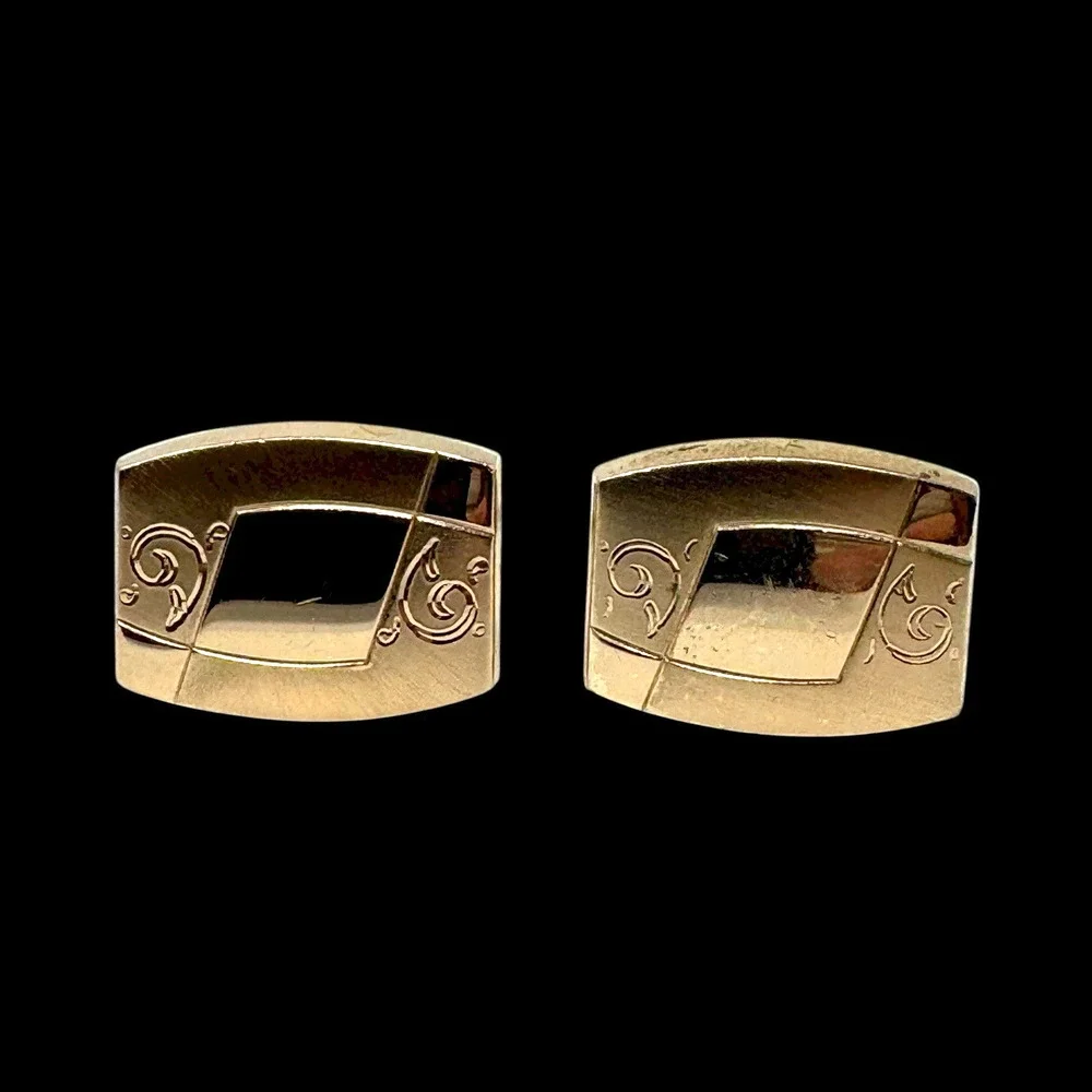 Vintage Anson Gold Tone Cufflinks Retro Geometric Etched Design 1950s EUC